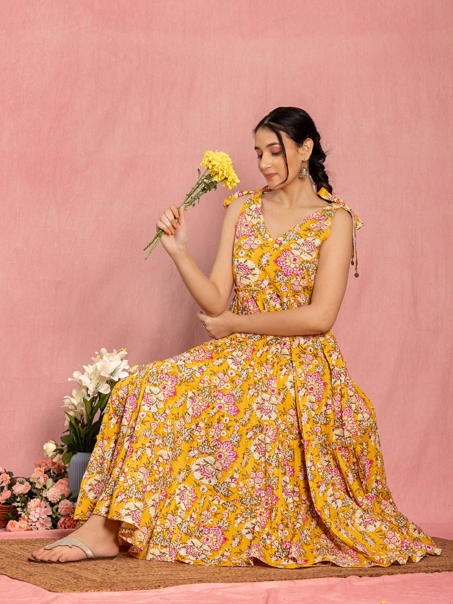 Yellow Cotton Floral Printed Flared Dress